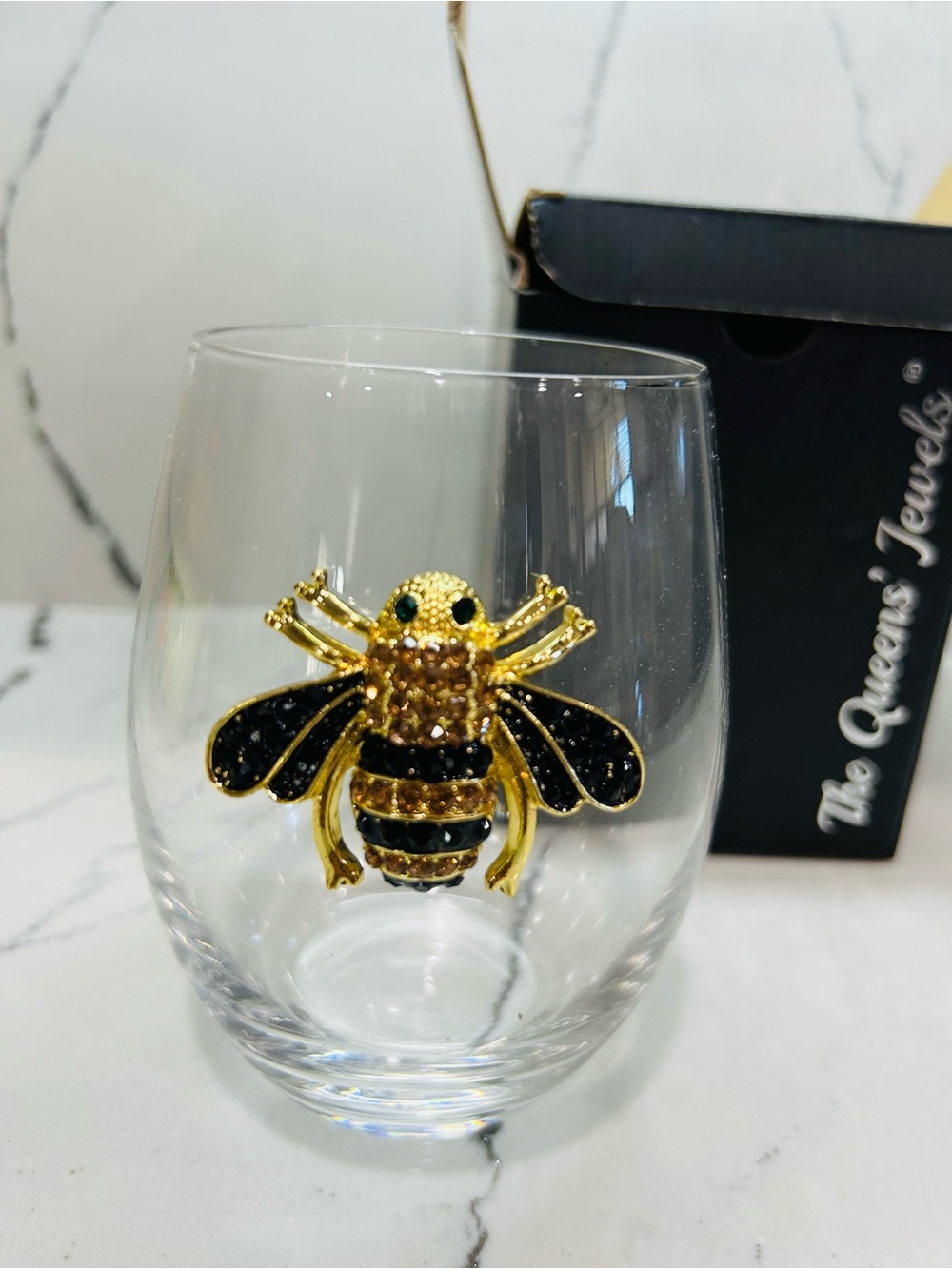 Gold & Black Bee Stemless Wine Glass